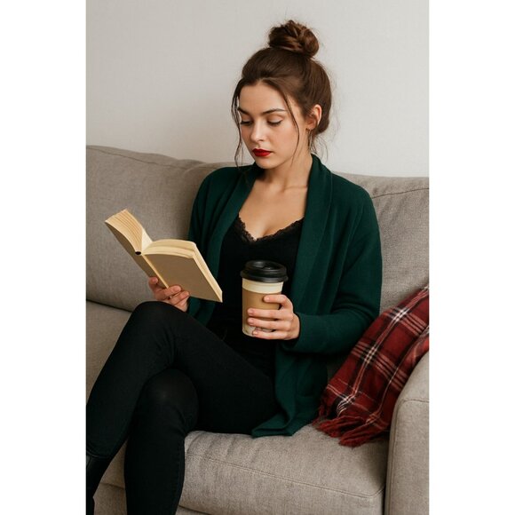 Papaya Dark Green Open Front Drape Cardigan – Lightweight Soft Knit Sweater - Picture 3 of 6